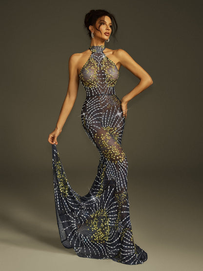 Fenris Crystal Mesh Mermaid  Maxi Dress