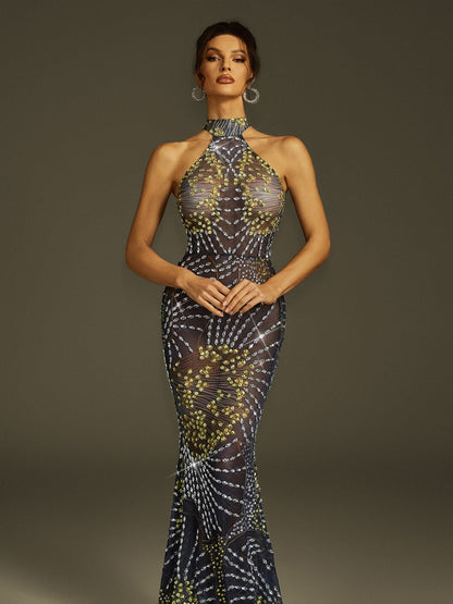 Fenris Crystal Mesh Mermaid  Maxi Dress