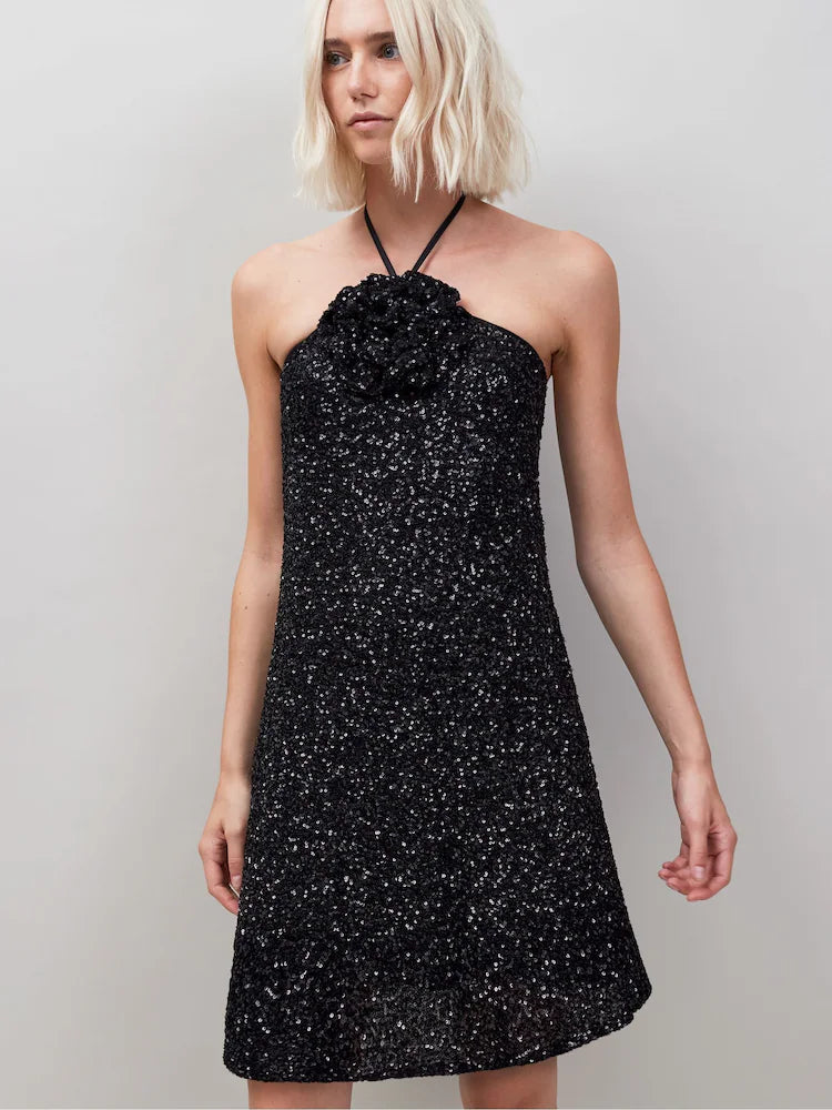 Black Sequin Corsage Halter Neck Dress
