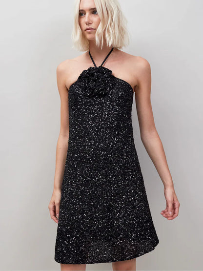 Black Sequin Corsage Halter Neck Dress