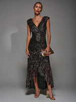 Black Ground Sequin Asymmetric Ruffle Hem Maxi Dress
