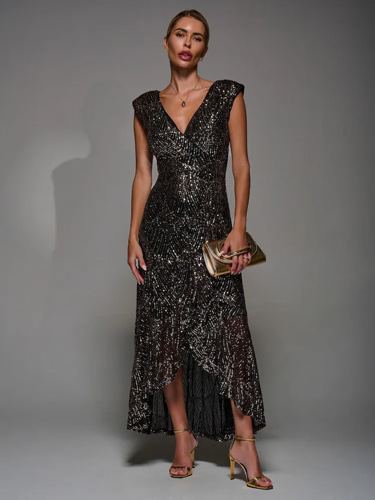 Black Ground Sequin Asymmetric Ruffle Hem Maxi Dress