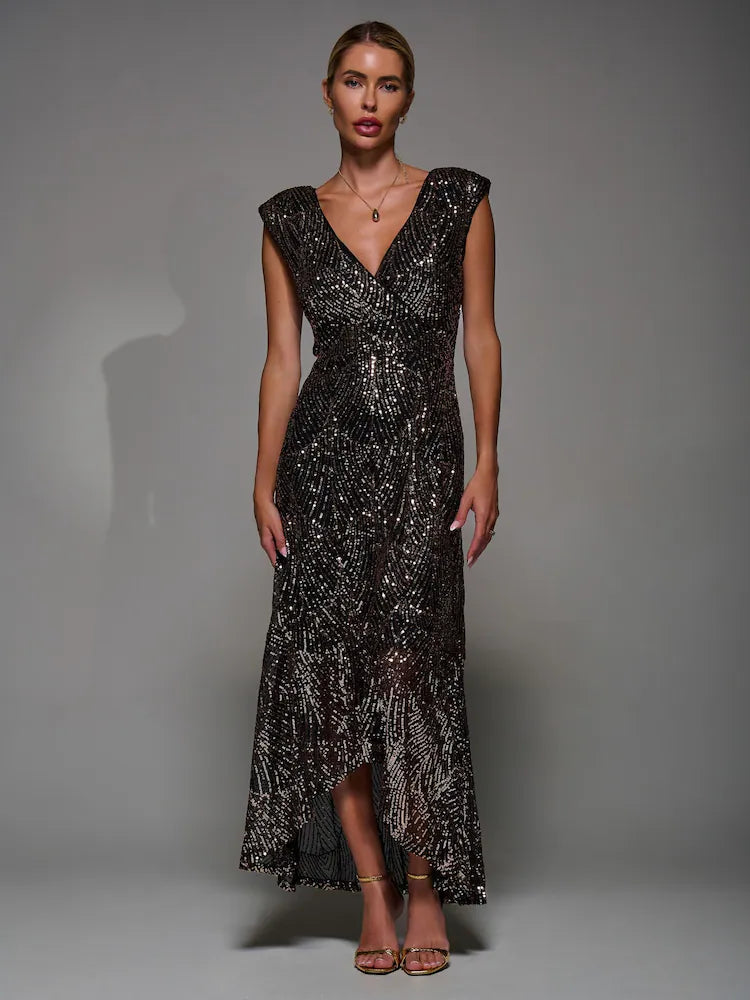 Black Ground Sequin Asymmetric Ruffle Hem Maxi Dress