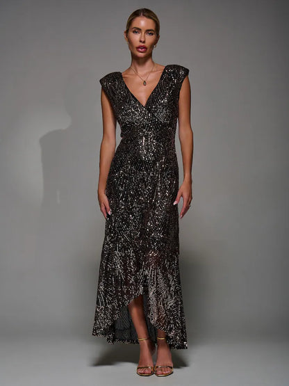 Black Ground Sequin Asymmetric Ruffle Hem Maxi Dress
