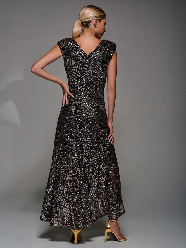 Black Ground Sequin Asymmetric Ruffle Hem Maxi Dress