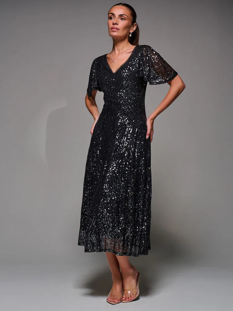 Black Chrome Sequin Angel Sleeve Fit & Flare Midaxi Dress