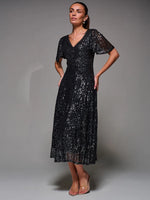 Black Chrome Sequin Angel Sleeve Fit & Flare Midaxi Dress