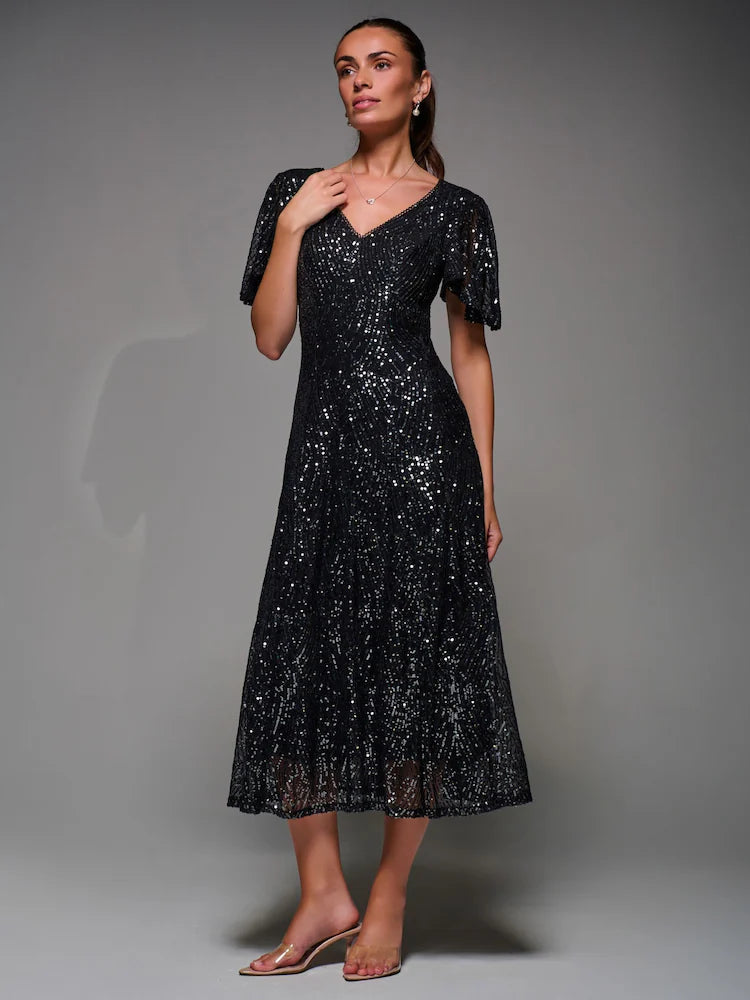 Black Chrome Sequin Angel Sleeve Fit & Flare Midaxi Dress