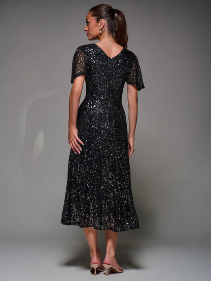 Black Chrome Sequin Angel Sleeve Fit & Flare Midaxi Dress