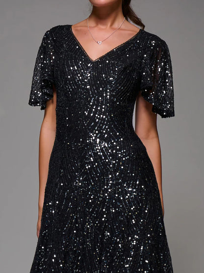 Black Chrome Sequin Angel Sleeve Fit & Flare Midaxi Dress