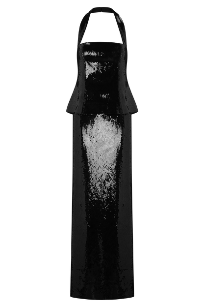 Bertie Sequin Peplum Halter Maxi Dress - Black