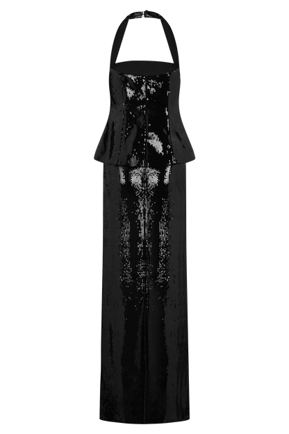Bertie Sequin Peplum Halter Maxi Dress - Black