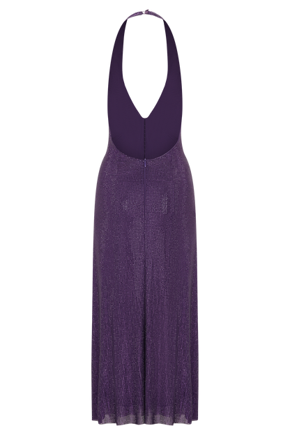 Genie Diamante Halter Midi Dress - Purple