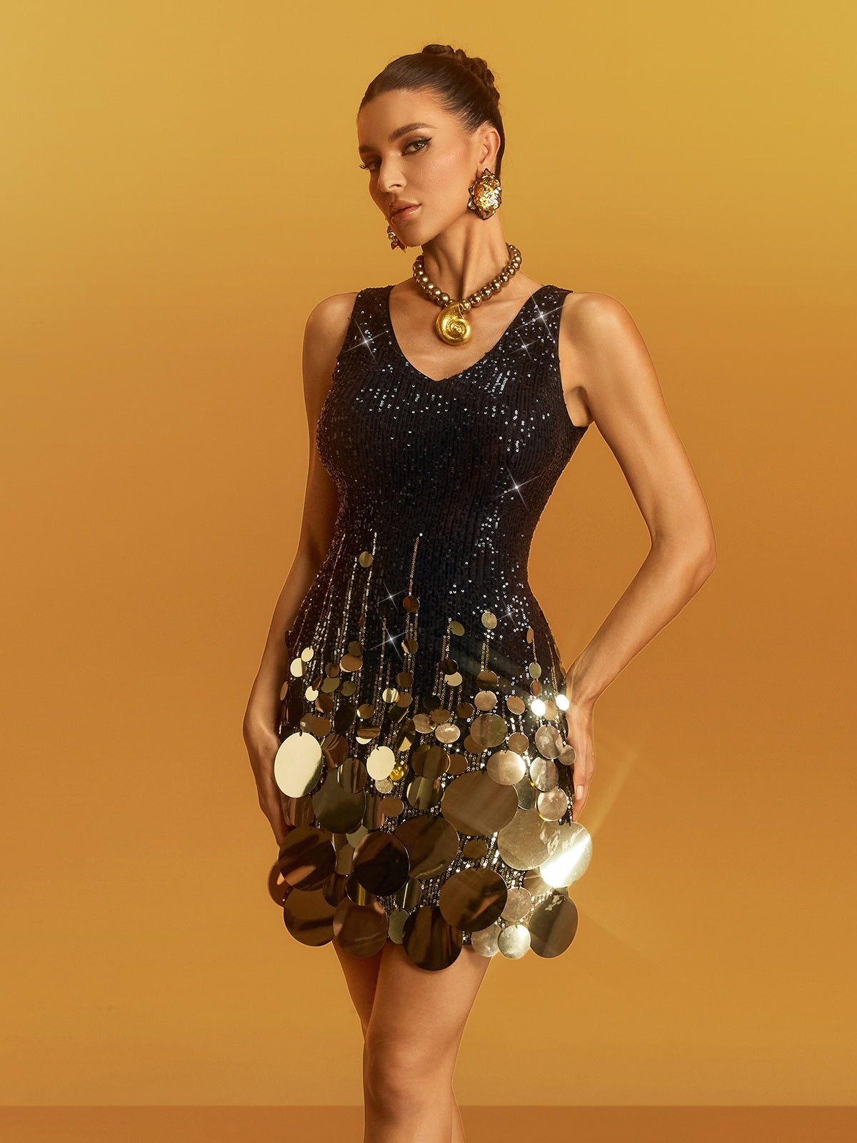 Geotra V Neck Round Sequin Mini Dress