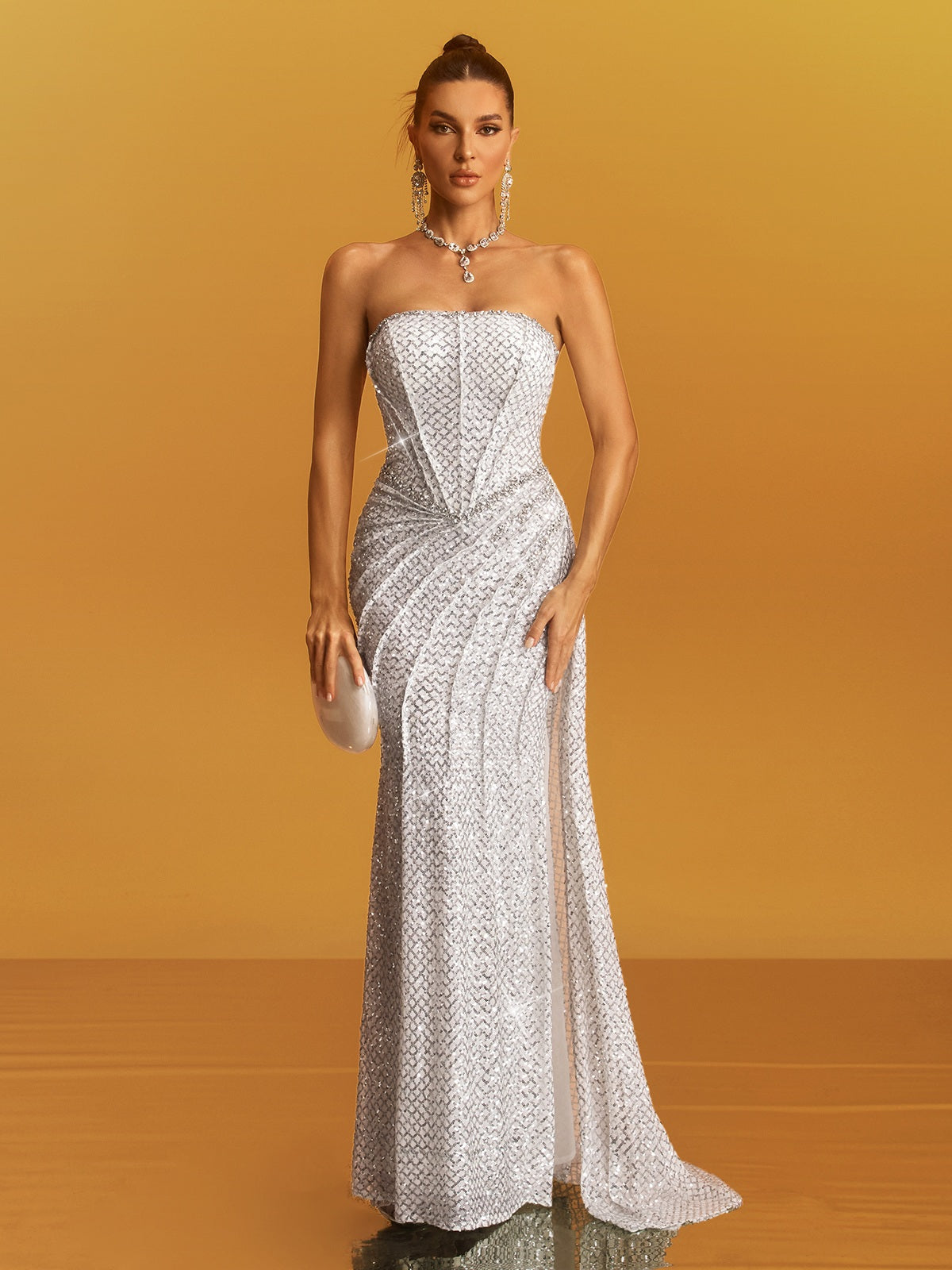 Glein Strapless Ruched Sequin Maxi Dress In White