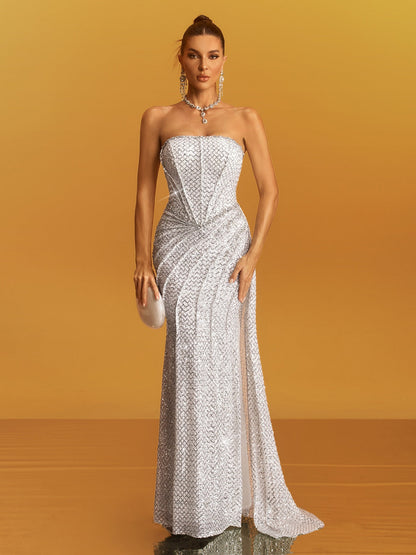 Glein Strapless Ruched Sequin Maxi Dress In White