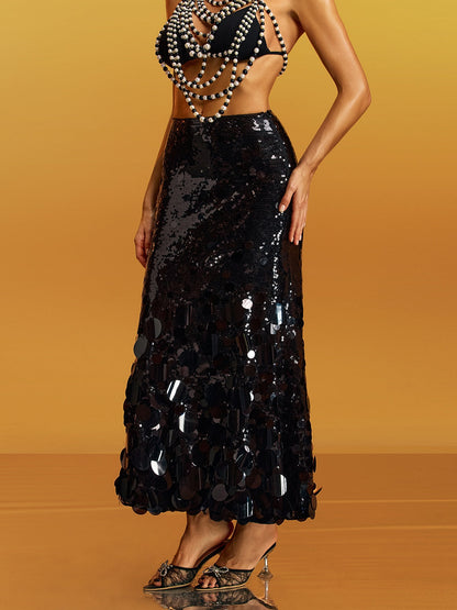 Glomara Round Sequin Skirt in Black