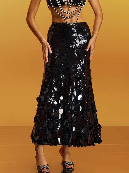 Glomara Round Sequin Skirt in Black