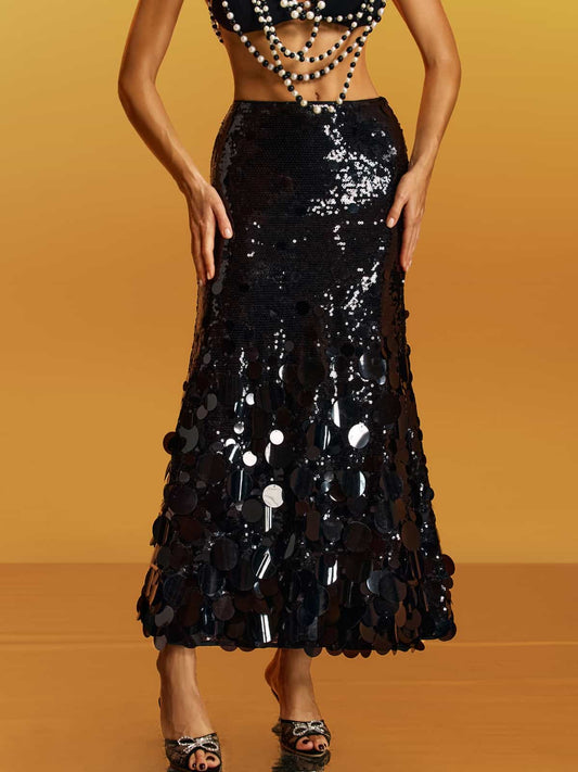 Glomara Round Sequin Skirt in Black