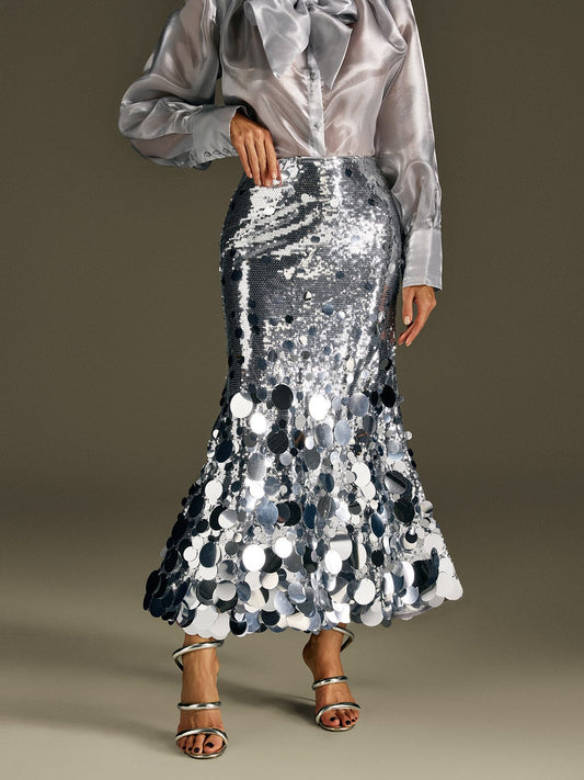 Glomara Round Sequin Skirt In Silver