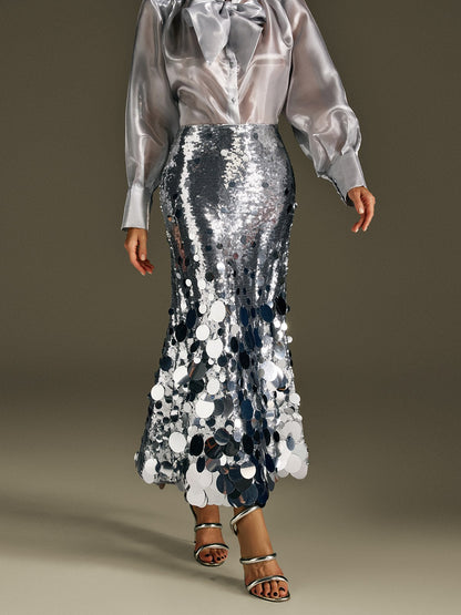 Glomara Round Sequin Skirt In Silver