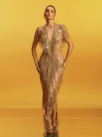 Grabrola Fringe Sequin Crystal Maxi Dress In Gold