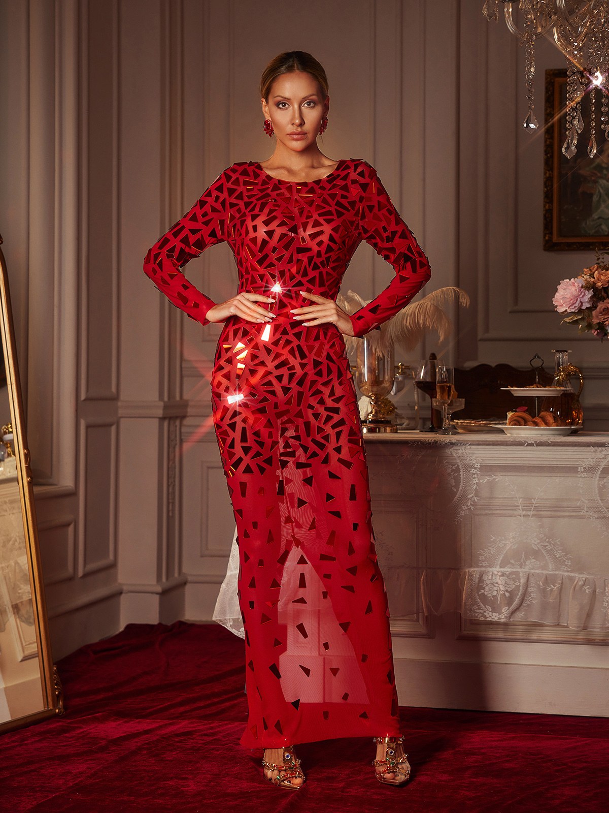 Guthrie Long Sleeve Acrylic Mesh Maxi Dress