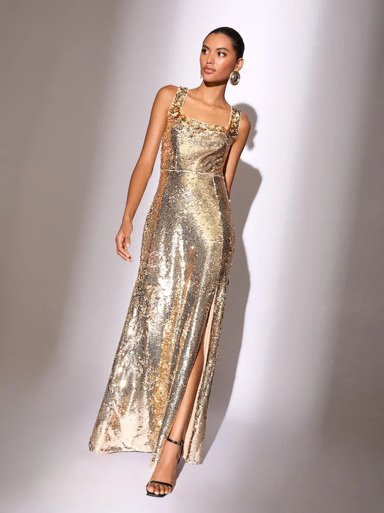 Gold Premium Flower Trim Sequin Square Neck Maxi Dress