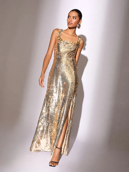 Gold Premium Flower Trim Sequin Square Neck Maxi Dress