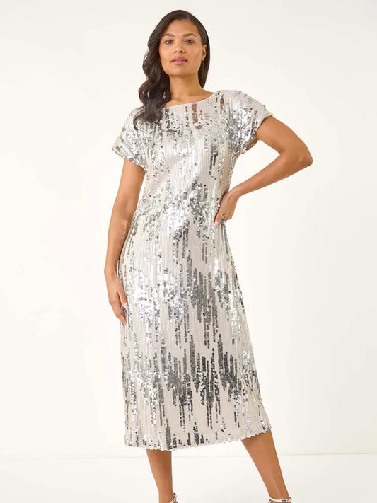 Metallic Sequin Shimmer Midi Dress