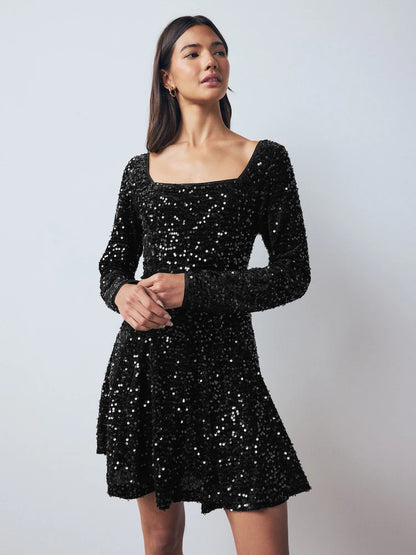 Black Square Neck Flippy Mini Sequin Dress