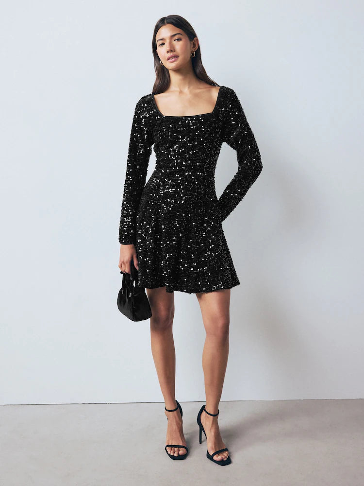 Black Square Neck Flippy Mini Sequin Dress