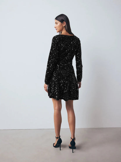 Black Square Neck Flippy Mini Sequin Dress