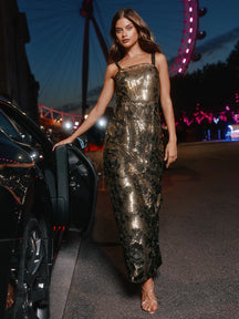 Bronze Petite Premium Floral Embriodered Sequin Maxi Bodycon Dress