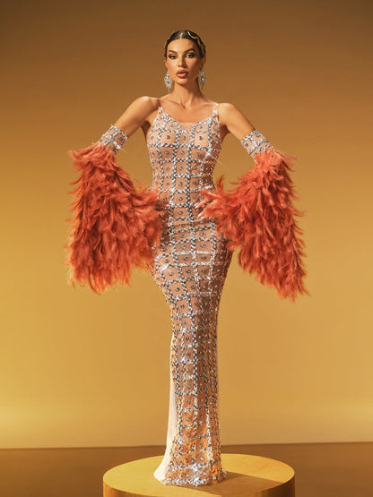 Hyrix Feather Bell Sleeve Embellished Maxi Dress