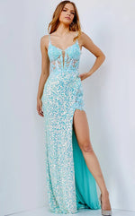 JVN - JVN24299 - Aqua Illusion Bodice Plunging Neck Prom Dress
