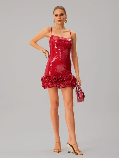 Jellita Spaghetti Sequin Flower Mini Dress