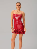 Jellita Spaghetti Sequin Flower Mini Dress