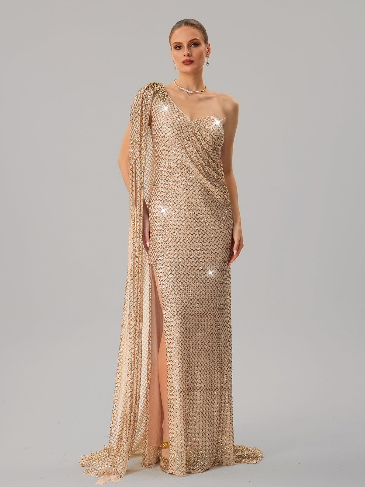 Junctionet One Shoulder Shawl Sequin Split Maxi Dress