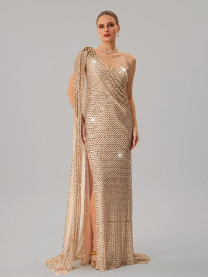 Junctionet One Shoulder Shawl Sequin Split Maxi Dress