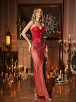Kaloni Strapless Sequin Mesh Maxi Dress In Red