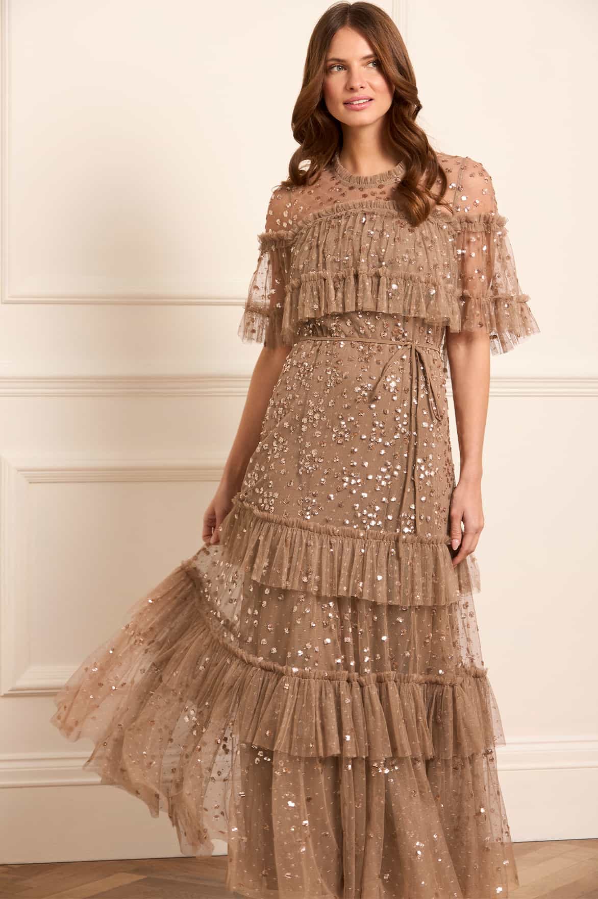 Leila Dot Tiered Cape Ankle Gown