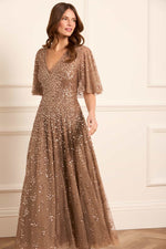 Leila Dot V-Neck Cape Ankle Gown