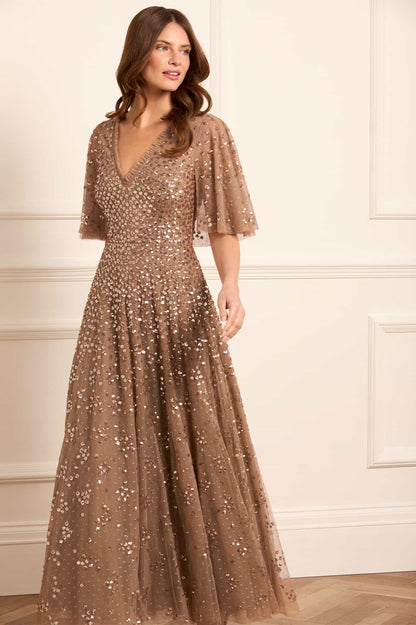 Leila Dot V-Neck Cape Ankle Gown