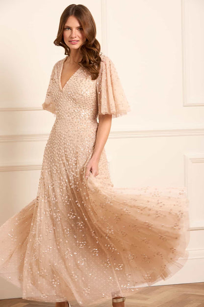 Leila Dot V-Neck Cape Ankle Gown