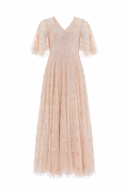 Leila Dot V-Neck Cape Ankle Gown