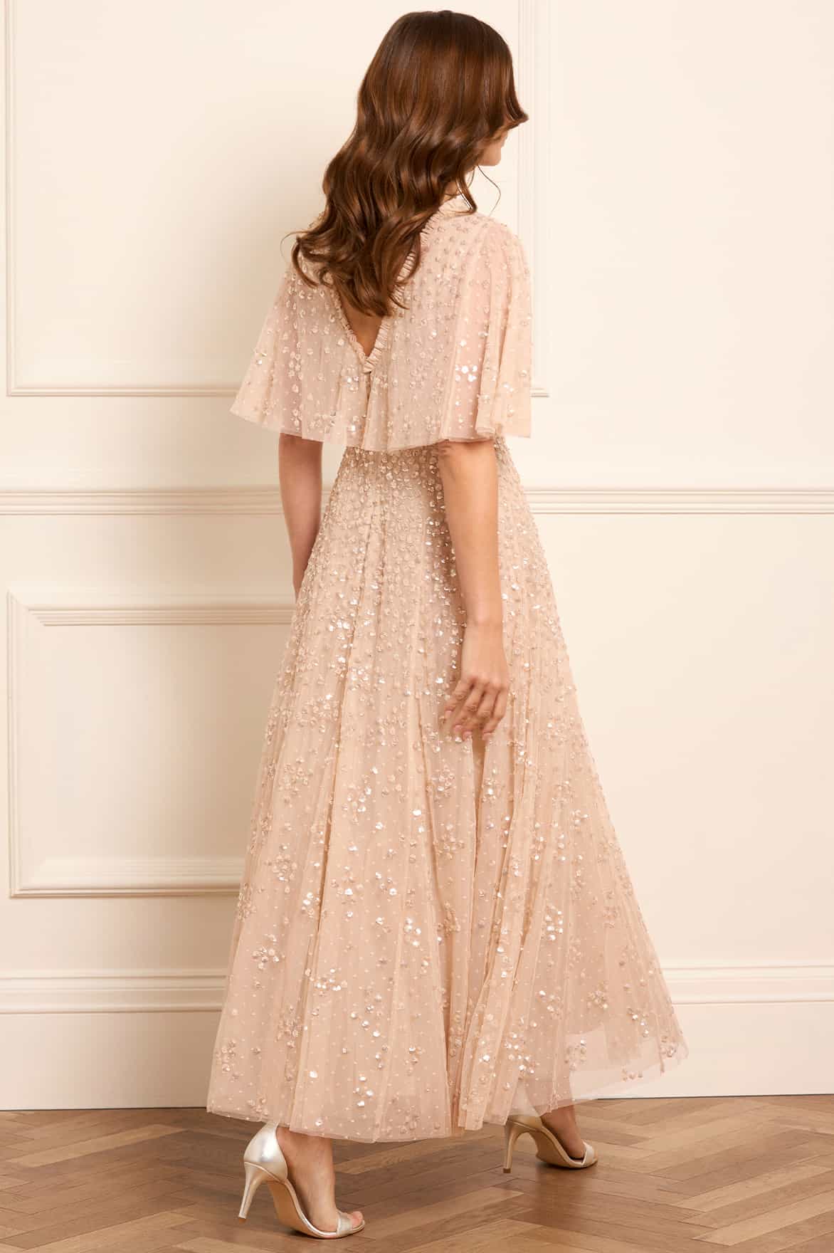Leila Dot V-Neck Cape Ankle Gown