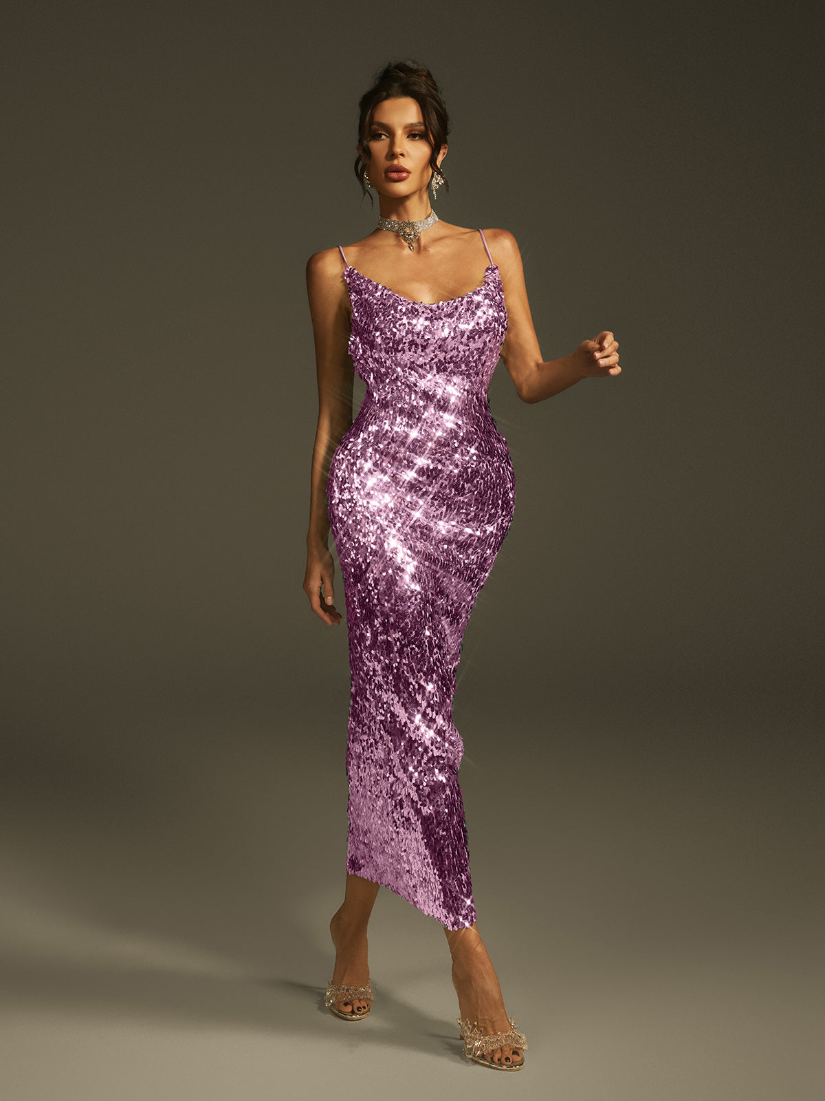 Laurie Spaghetti Sequin Midi Dress In Purple
