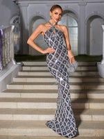 Liora Backless Sequin Crystal Maxi Dress In Black