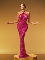 Liora Backless Sequin Crystal Maxi Dress In Hot Pink